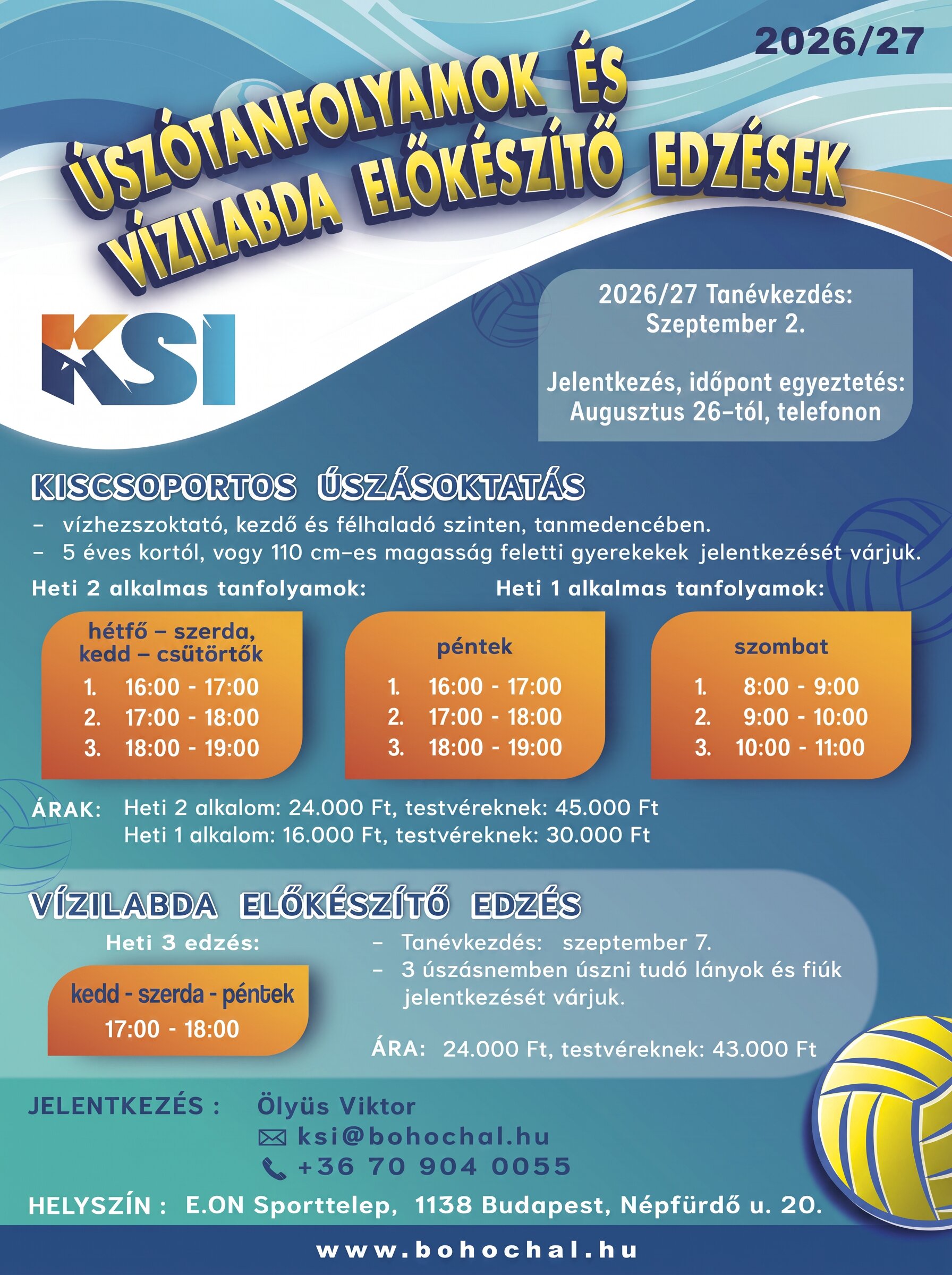 KSI úszótanfolyamok órarendje a 2026/2027-es tanévre